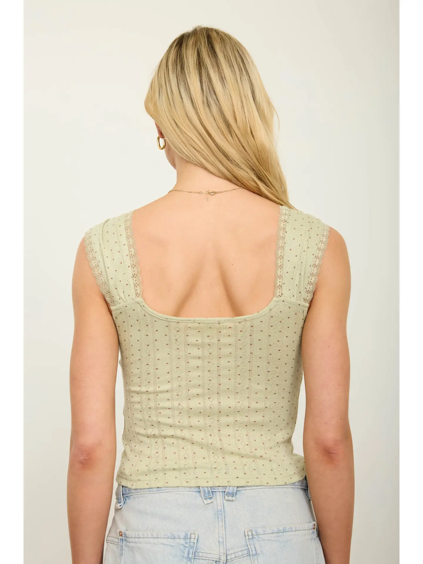 Olive Polka Dot Lace Trim Front Tie Top
