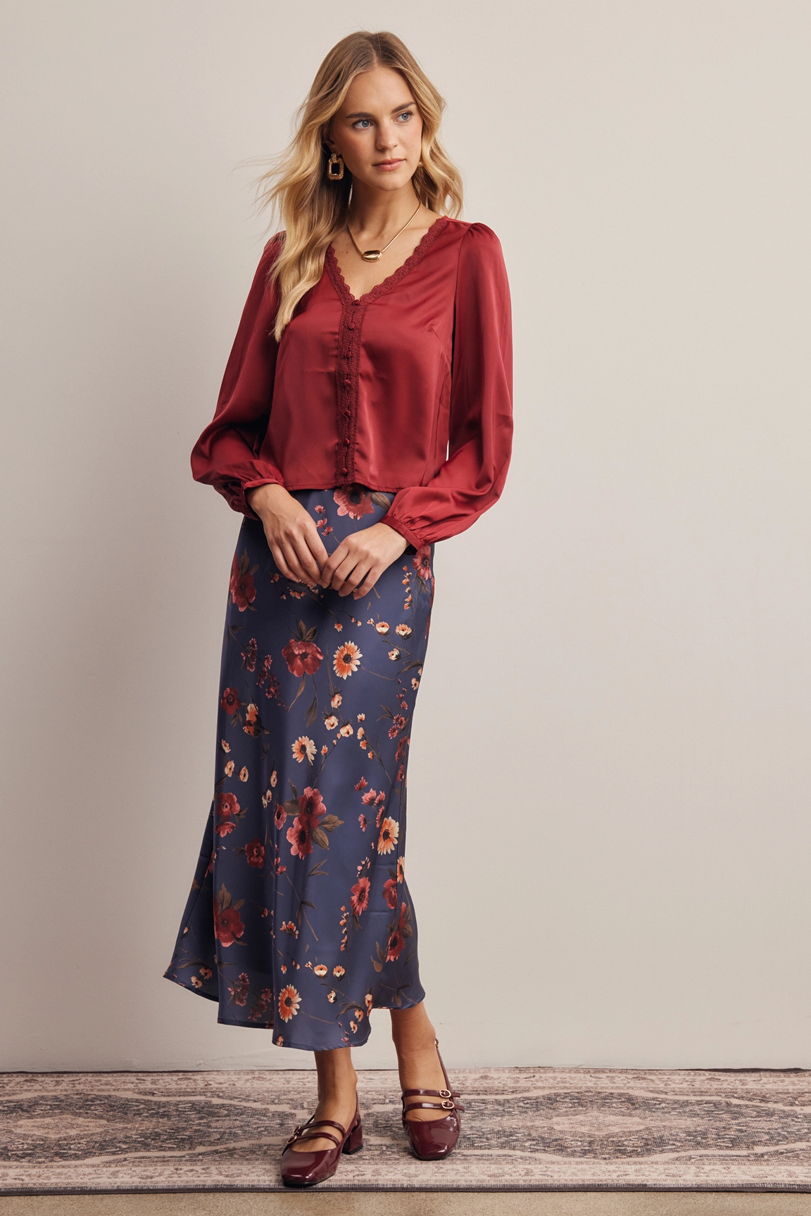 Floral Satin Midi Skirt