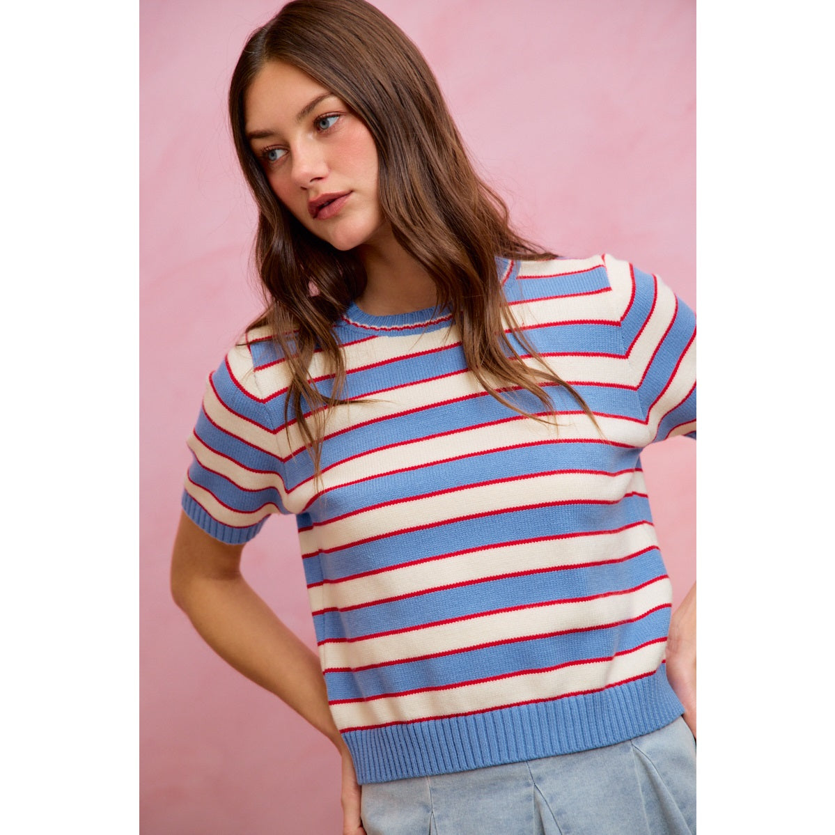 Blue/Red Stripe Knit Sweater Top