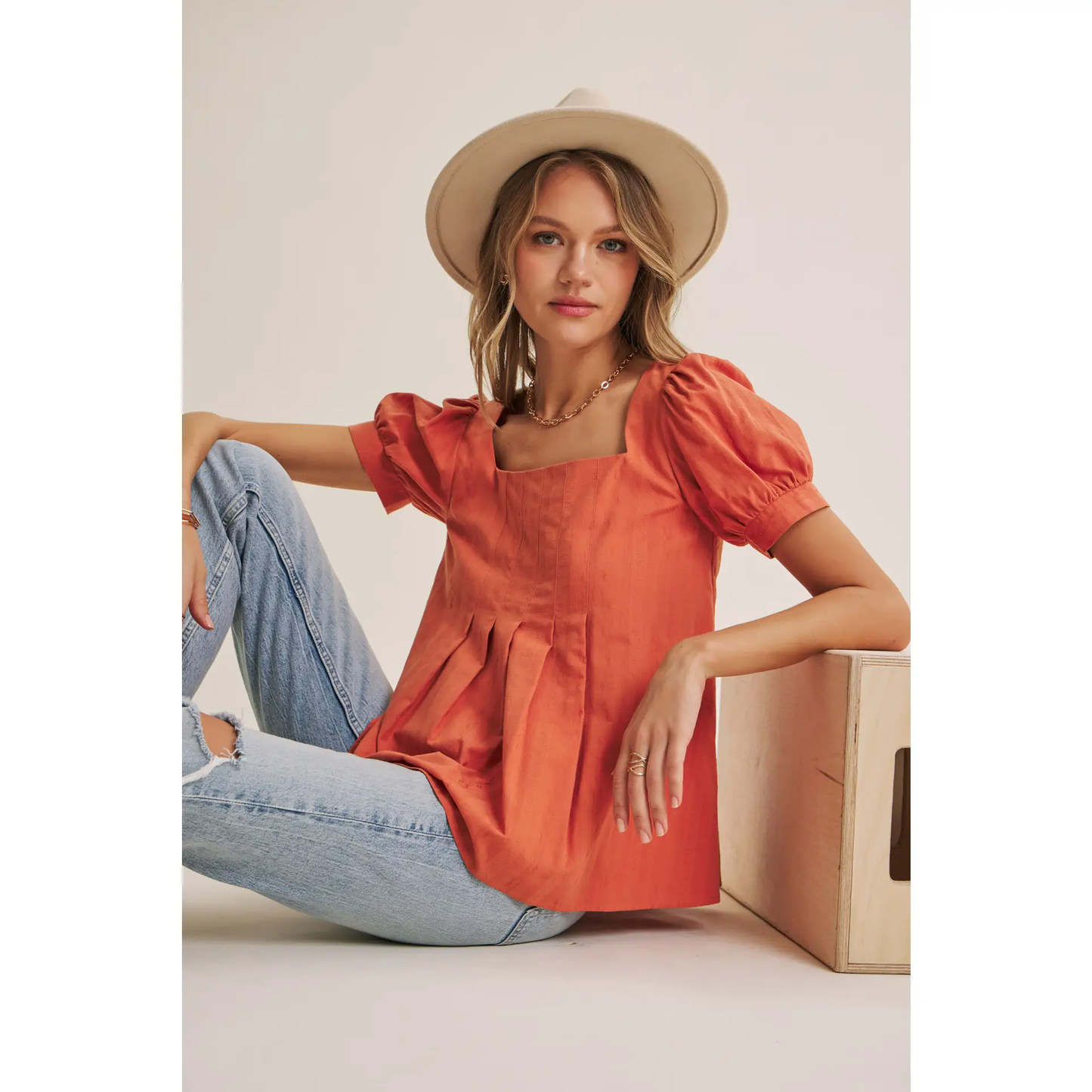 Cayenne Puff-Sleeved Pleated Blouse