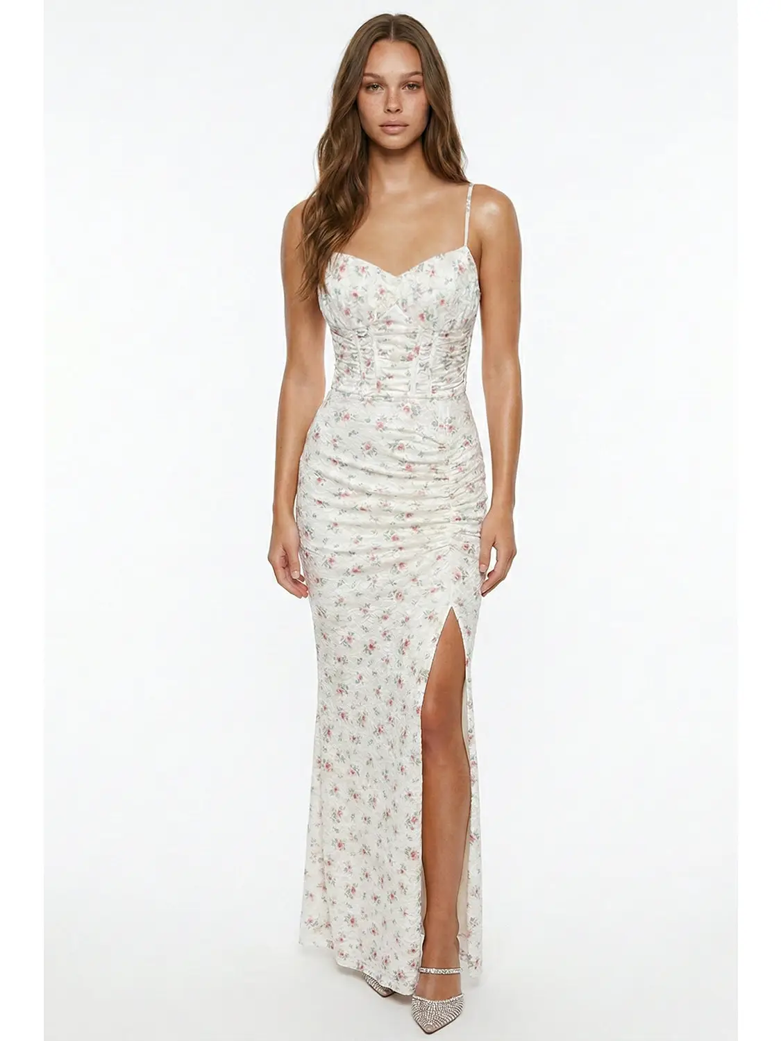 Tiny Floral Print On Lace Maxi Dress