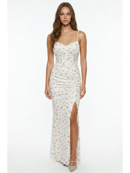 Tiny Floral Print On Lace Maxi Dress
