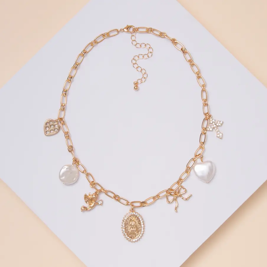 Faith Pearl Rhinestone Embellished Multi Charm Necklace
