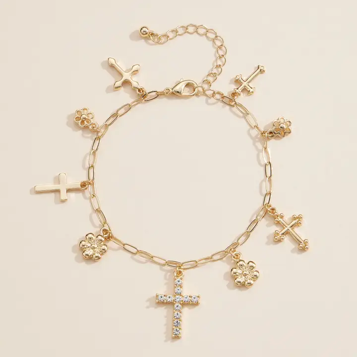 Alloy Floral and Cross Charm Chain Bracelet