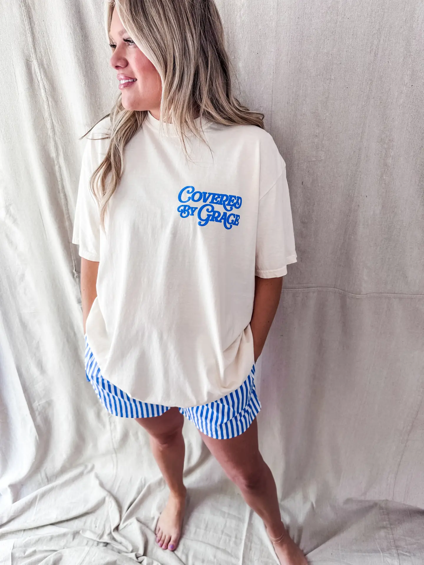 Covered By Grace Blue Puff- Ivory Tee