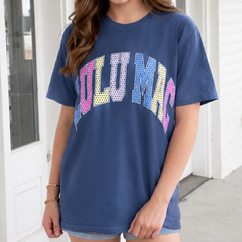 Lulu Mac Multi Color Dot Comfort Color Tee in China Blue
