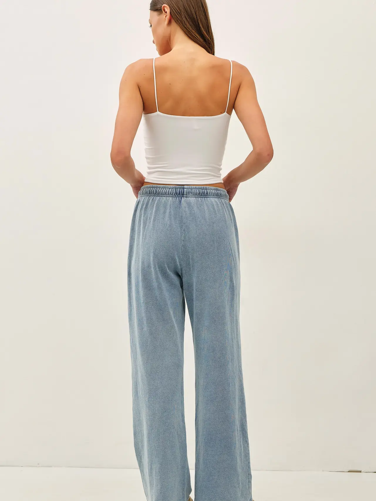 Cotton Knit Denim Wide Leg Pants