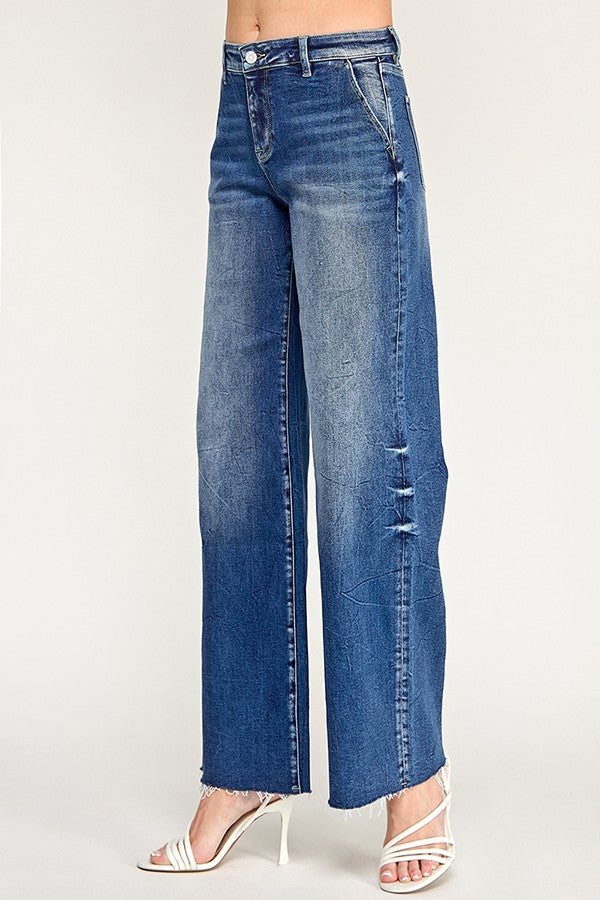 Mid Rise Trouser Detailing Wide Leg Jeans