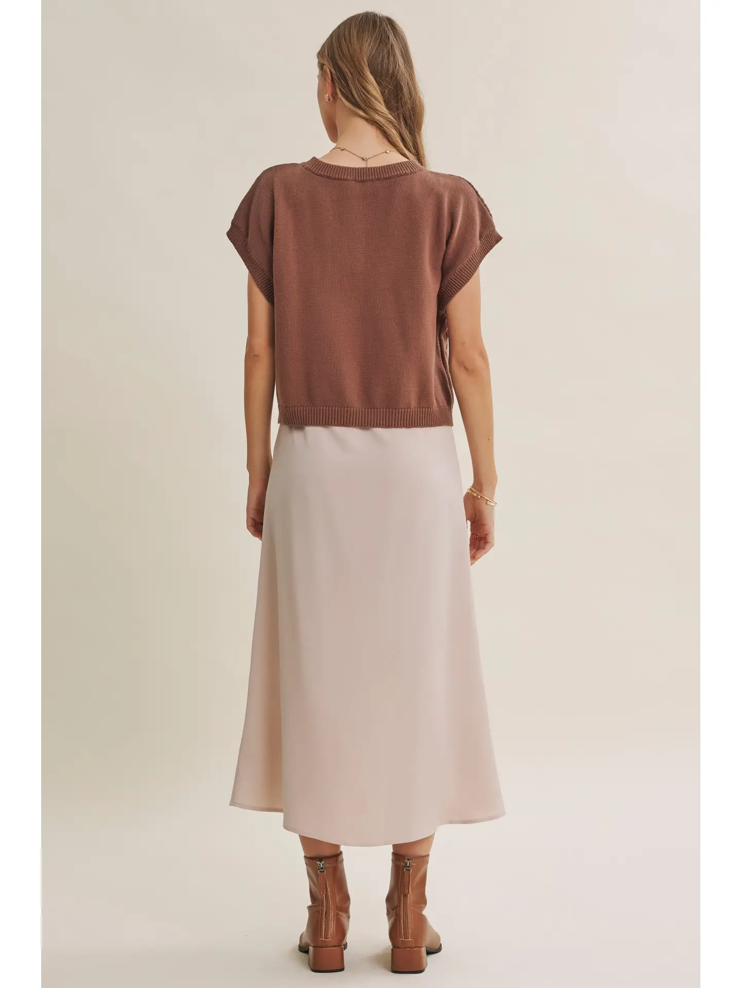 Cable Knit Sweater Vest & Satin Slip Midi