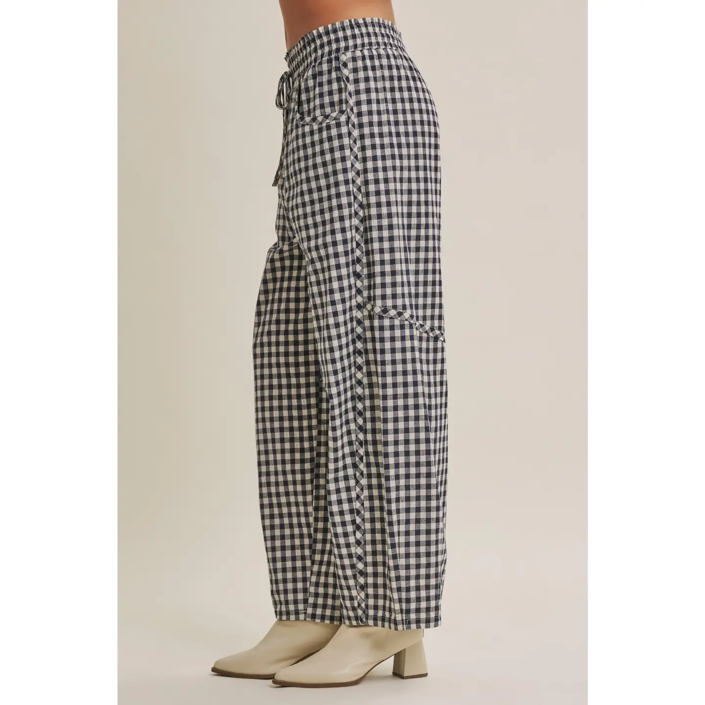 Navy Relaxed Gingham Barrel Pants
