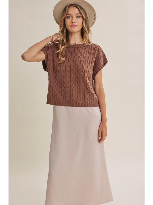 Cable Knit Sweater Vest & Satin Slip Midi
