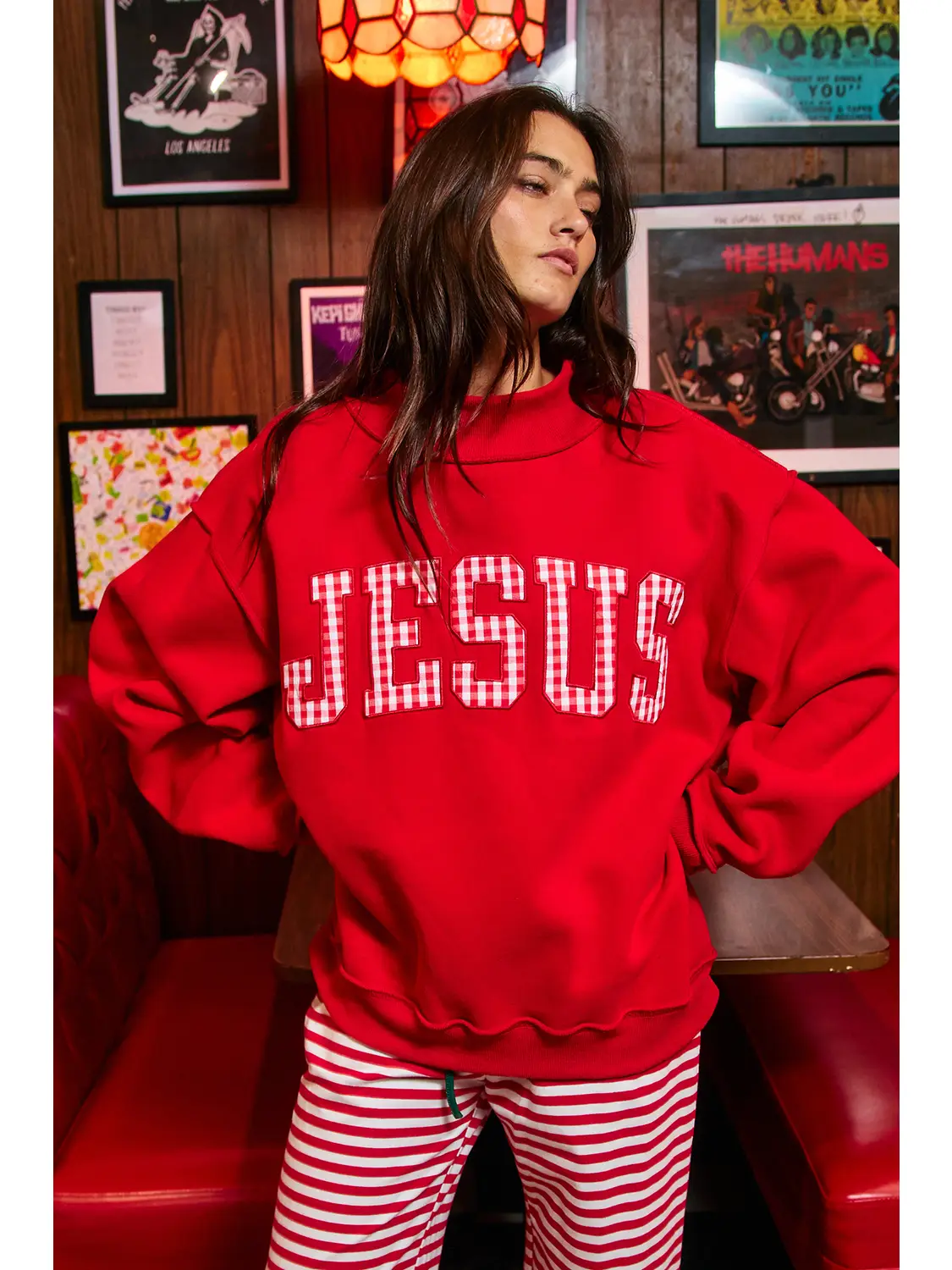 JESUS Gingham Applique Mock-Neck Sweatshirt in Red