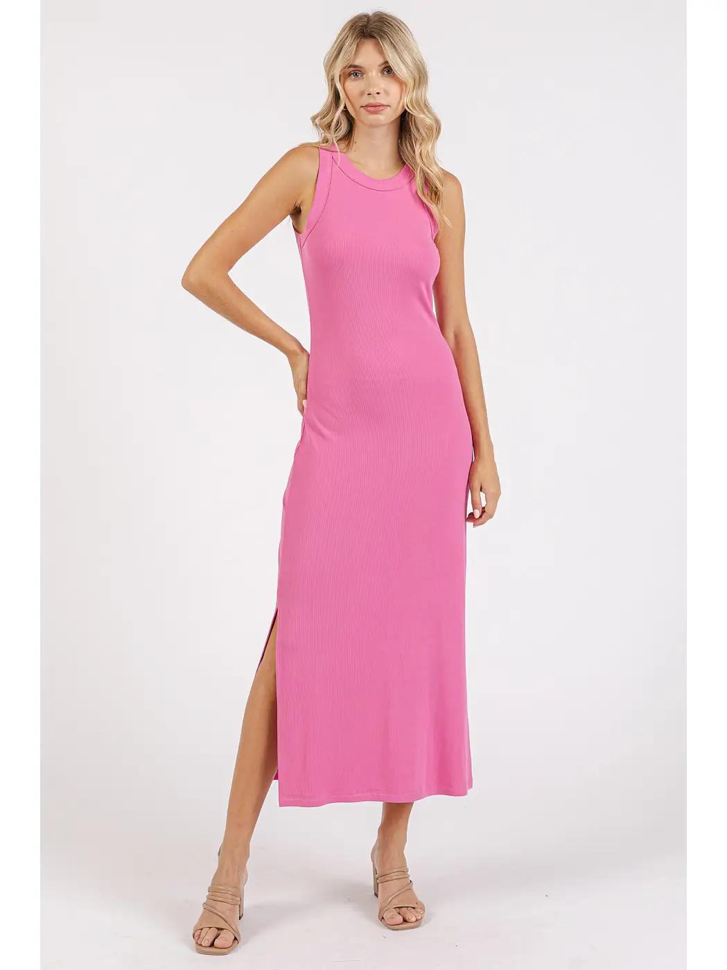 Pink Rib Knit Tank Maxi Dress