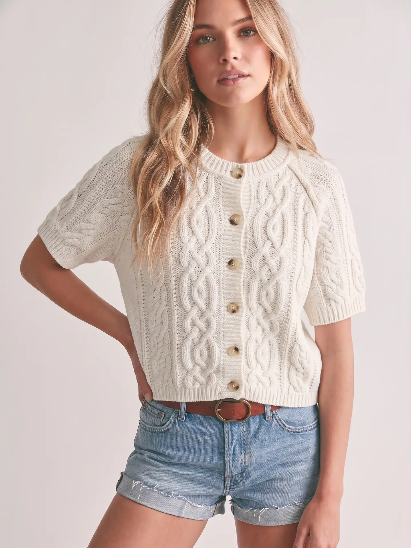 Cable Knit Button-Up Short Sleeve Top
