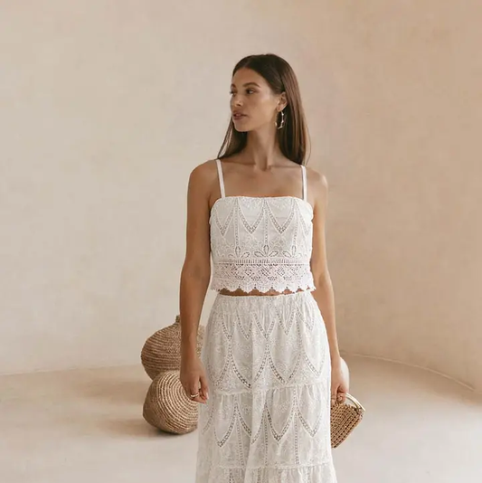 Embroidered Top and Tiered Skirt Set