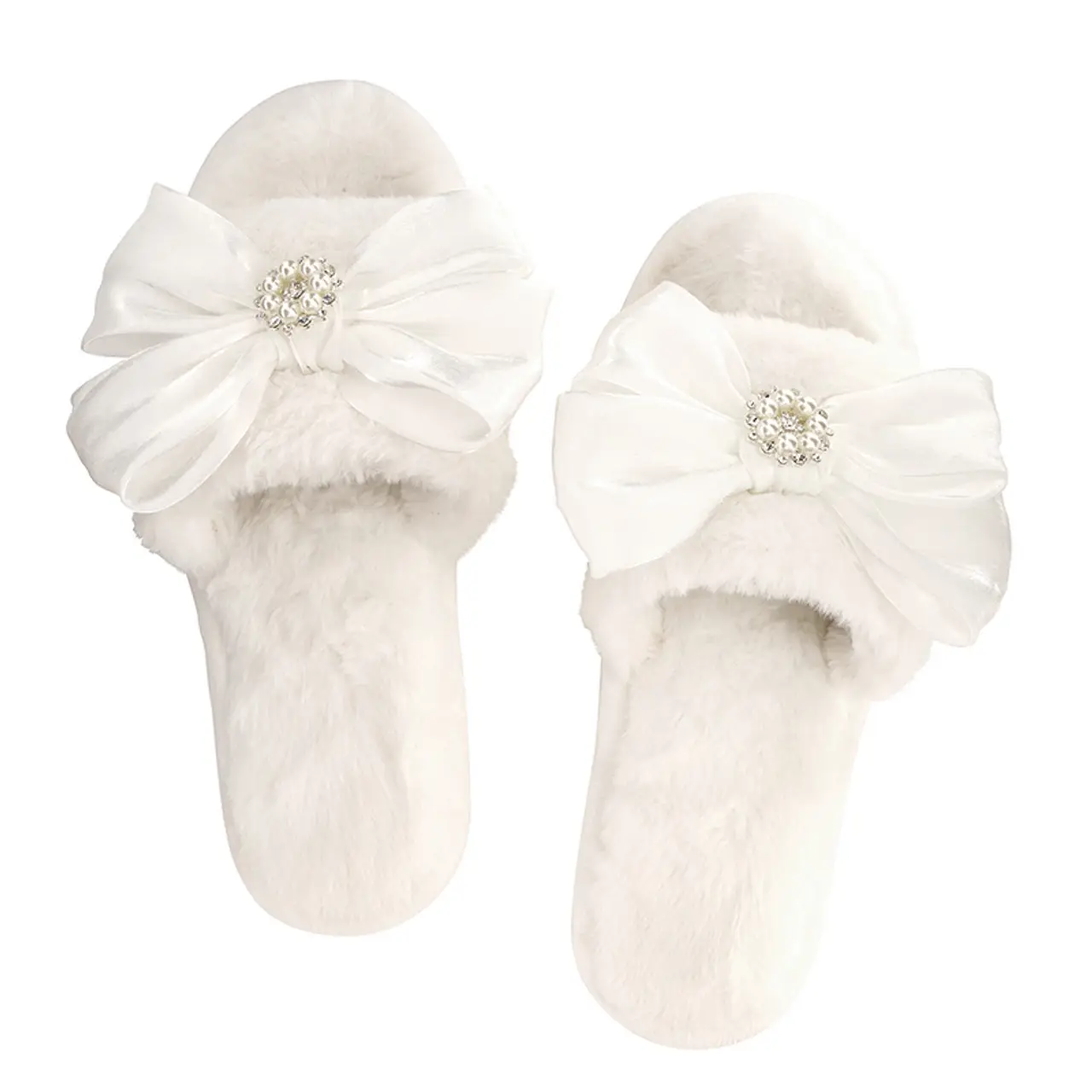 Plush Slippers - White Crystal Bow