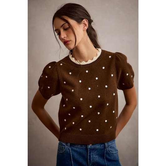 Polka Dot Scallop Neck Puff Short Sleeves Knit Top