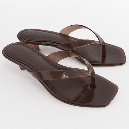 Brown Jelly Thong Strap Kitten Heel Sandals