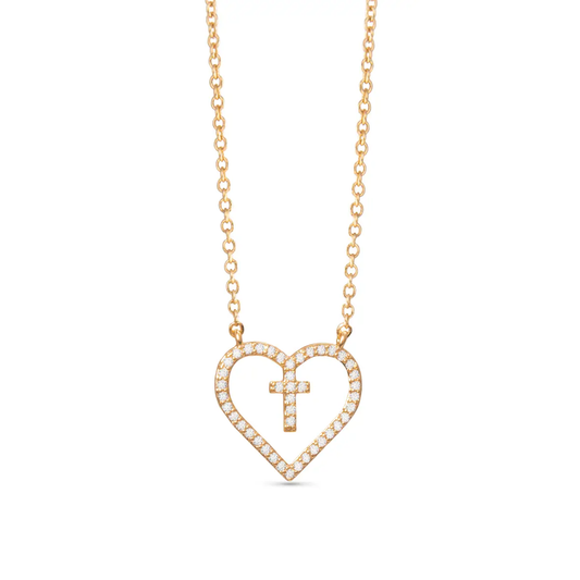 Gold Heart with Inset Cross Necklace - Gold