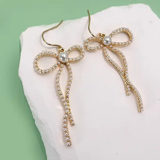 Pearl Embellished Bow Drop Earrings