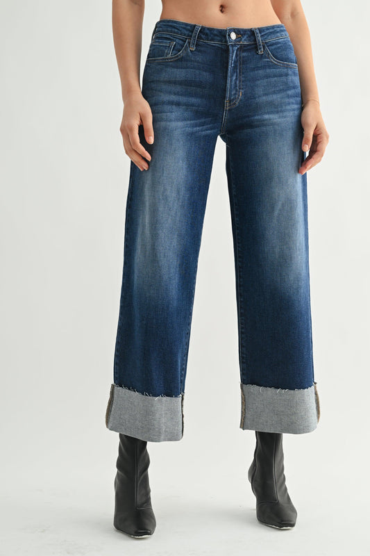 Dark Denim Scissor Cut Cuffed Jeans