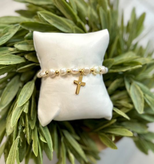 Pearl and Gold Cross Bracelet