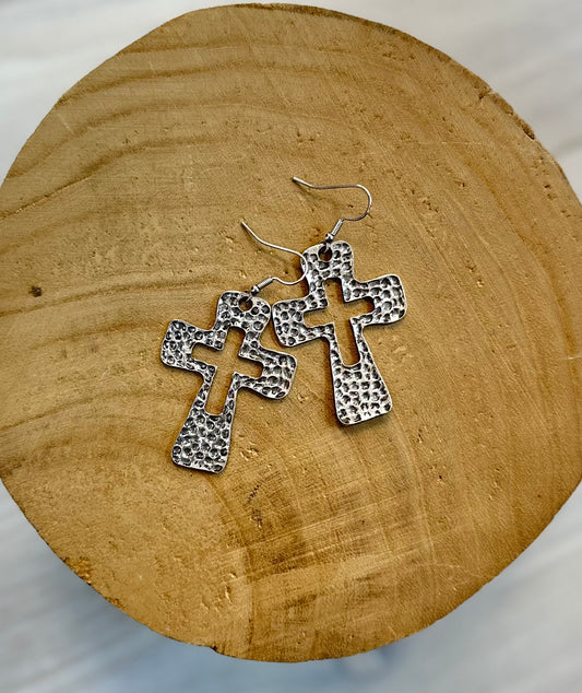 Hammered Metal Cross Earrings